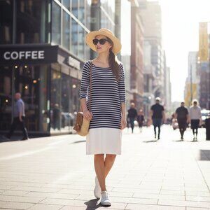 EUC Bailey 44 stripe print and faux leather skirt mixed material dress, L